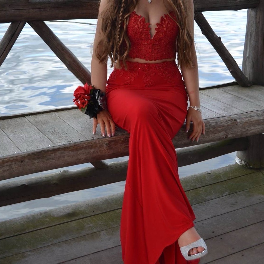 Faviana two piece lace up strapless corset top Prom dress